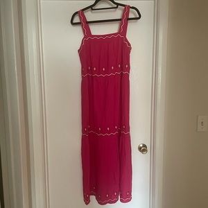 LOFT Embroidered Tiered Square Neck Midi Dress